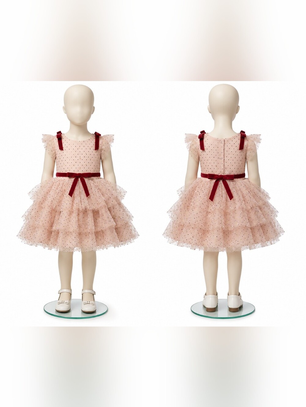 Girls' Pink Polka Dot Tulle Party Dress with Burgundy Bow